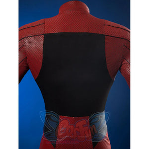 Matt Murdock cosplay costume back view with textured red fabric and solid black vest panel sections across the torso.