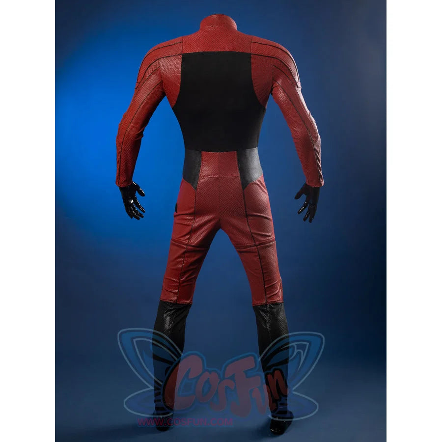 Matt Murdock cosplay centers back view of red and black bodysuit with stretch knit and faux leather textures.