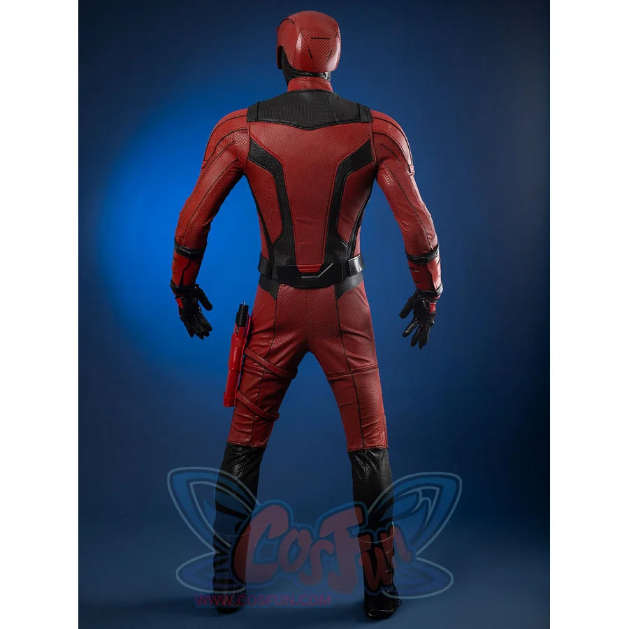 Matt Murdock cosplay costume presents a structured red bodysuit with black armor plates and a protective matching helmet.