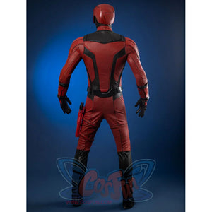 Matt Murdock cosplay costume presents a structured red bodysuit with black armor plates and a protective matching helmet.