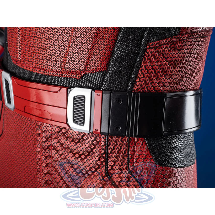 Matt Murdock cosplay costume centers on a reinforced utility belt secured over a textured red and black armored bodysuit.