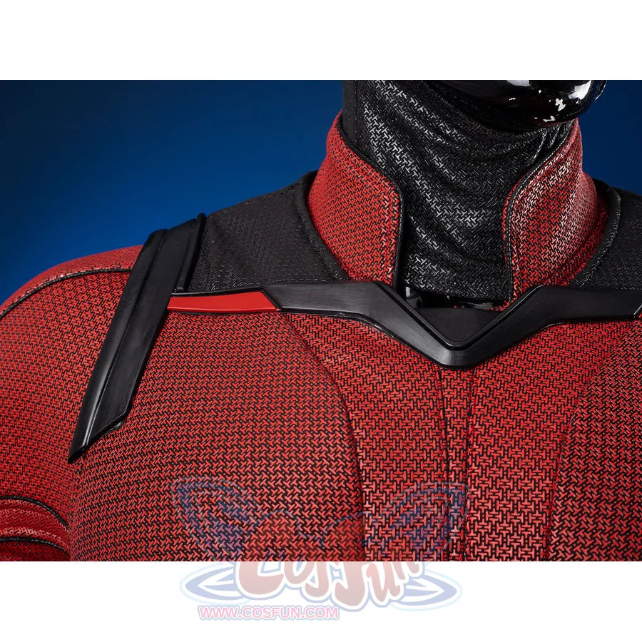 Matt Murdock cosplay costume bodice frames the red stretch knit fabric with structured black faux leather chest armor.