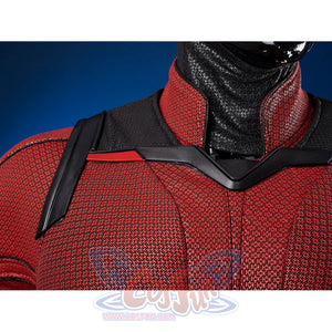 Matt Murdock cosplay costume bodice frames the red stretch knit fabric with structured black faux leather chest armor.