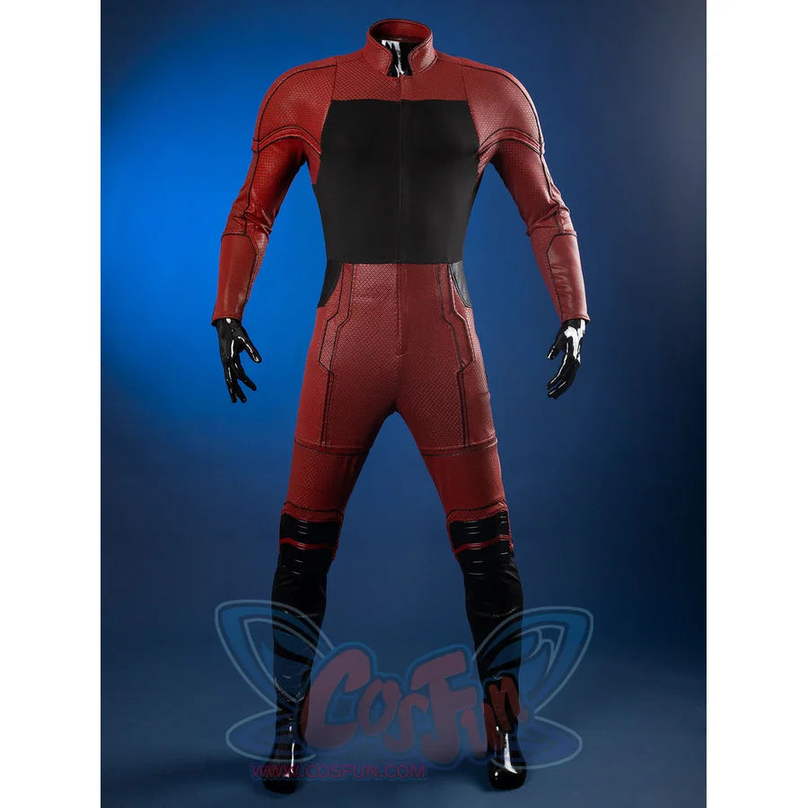 Matt Murdock cosplay bodysuit gathers red textured fabric with contrasting black panels and protective leg guard segments.