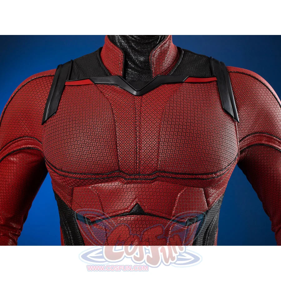 Matt Murdock cosplay costume centers a textured red bodysuit with firm black chest armor pieces and thick protective piping.
