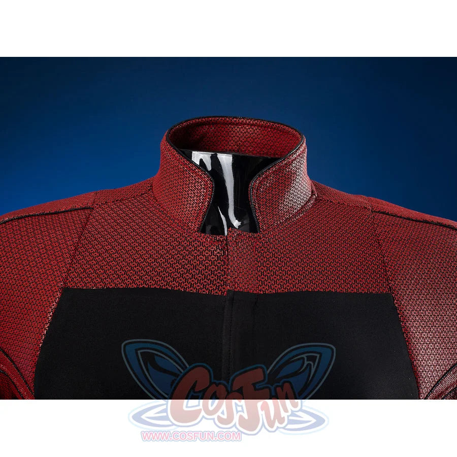 Matt Murdock cosplay costume centers on the textured red high collar and reinforced black stretch knit chest paneling.