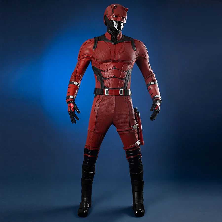 COSFUN Matt Murdock cosplay outfit set combines a textured red bodysuit with durable armor guards and a protective helmet.