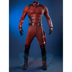 Matt Murdock cosplay centers red bodysuit with black accents textured faux leather vest protective arm and leg guards.
