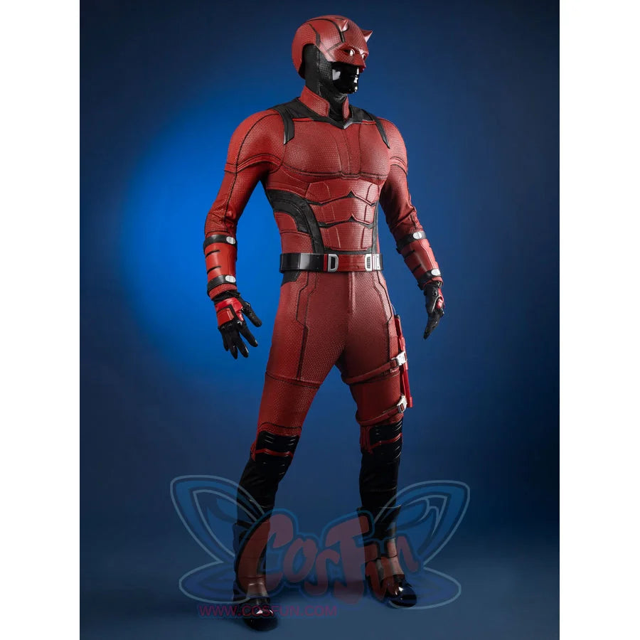Matt Murdock cosplay costume layers a red textured bodysuit with a tactical vest leg guards arm guards and a red helmet.