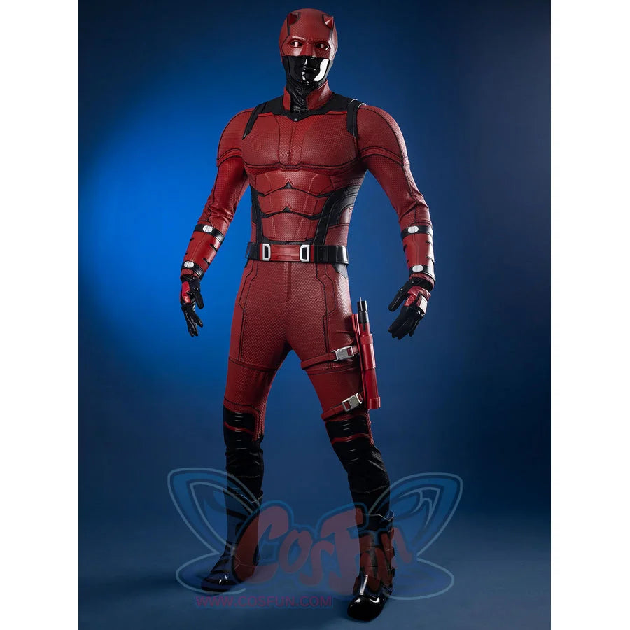 Matt Murdock cosplay suit includes a textured red bodysuit with integrated black armored segments and a matching helmet.