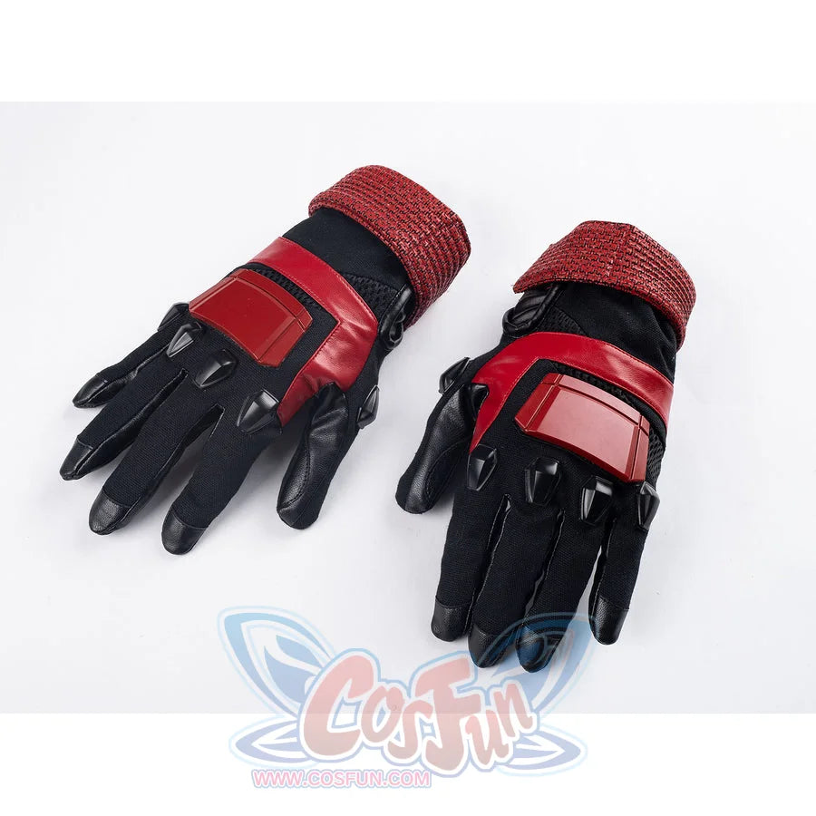 Matt Murdock cosplay centers black stretch knit gloves with red faux leather accents and molded knuckle protectors.