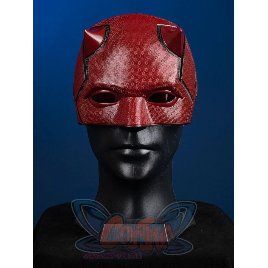 Matt Murdock cosplay helmet frames the head with a textured red finish that balances sleek curves and bold horn accents.