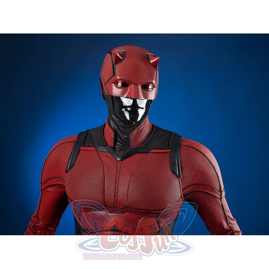 Matt Murdock cosplay red textured bodysuit includes a matching detailed helmet with horn accents and black vest layering.