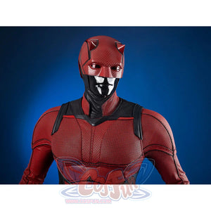 Matt Murdock cosplay red textured bodysuit includes a matching detailed helmet with horn accents and black vest layering.