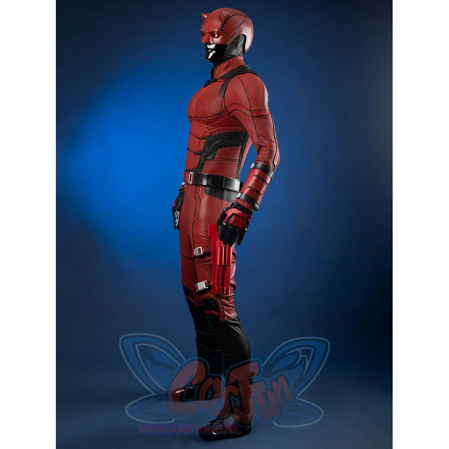 Matt Murdock cosplay suit layers textured red fabric with durable leg guards and a matching helmet for a complete look.