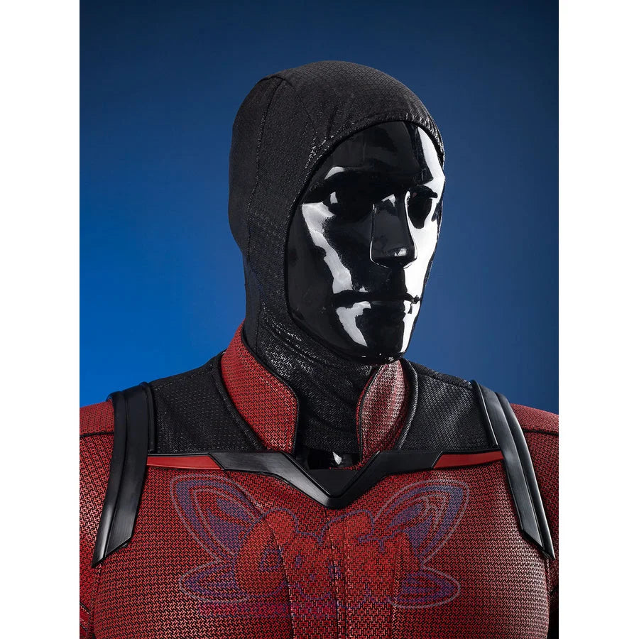 Matt Murdock cosplay costume frames a textured red bodysuit beneath a fitted black hood and a glossy black face mask.