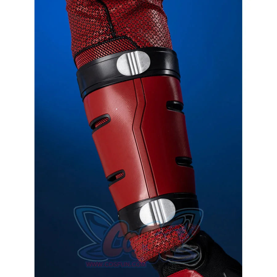Matt Murdock cosplay centers Textured red stretch knit bodysuit with layered protective leg guards and black faux faux.