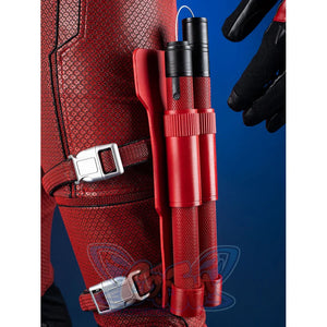 Matt Murdock cosplay centers leg guard detail with red textured bodysuit fabric metal buckles and attached nunchucks.