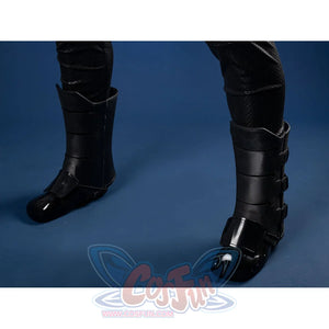 Matt Murdock cosplay leg guards frame the lower legs with smooth synthetic composite plates secured over black fabric pants.