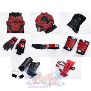 Matt Murdock cosplay set pieces include a detailed red bodysuit vest along with protective guards belt gloves and hood.