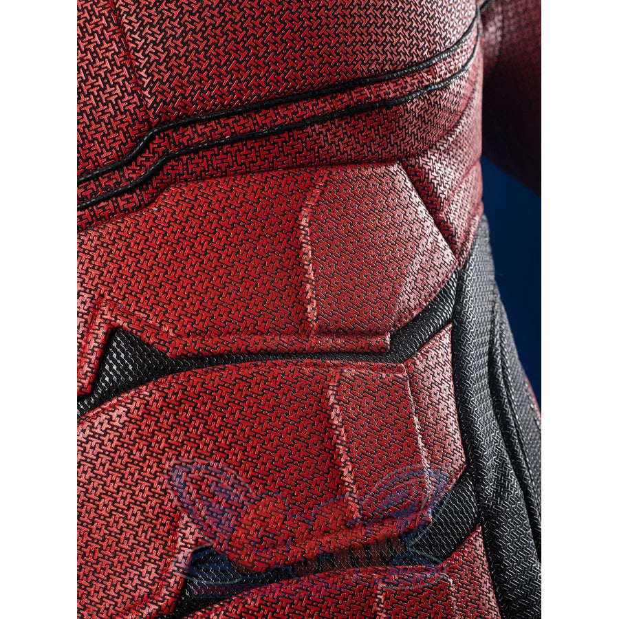 Matt Murdock cosplay costume detail centers on the textured red synthetic torso armor layered with black structural panels.