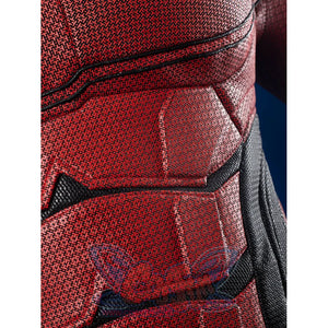 Matt Murdock cosplay costume detail centers on the textured red synthetic torso armor layered with black structural panels.