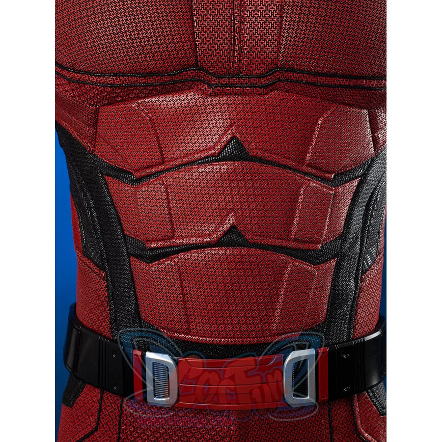 Matt Murdock cosplay centers Red bodysuit with silicone print textured armored vest panels and black belt with metallic.