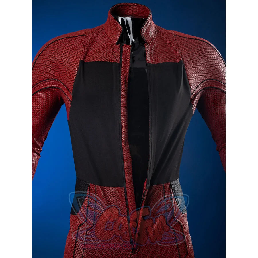 Matt Murdock cosplay bodysuit frames the torso with textured red synthetic fabric and integrated black stretch knit panels.