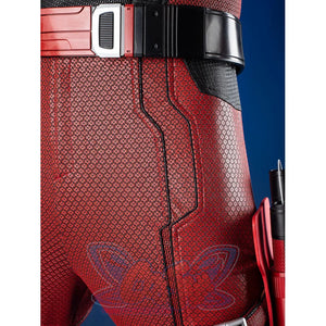 Matt Murdock cosplay suit frames the waist with a detailed black belt and textured red fabric pairing reinforced seams.
