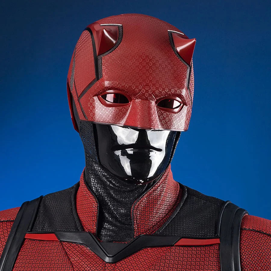 COSFUN Matt Murdock cosplay helmet crafted from red fiberglass frames the eyes and head with structured armored contours.