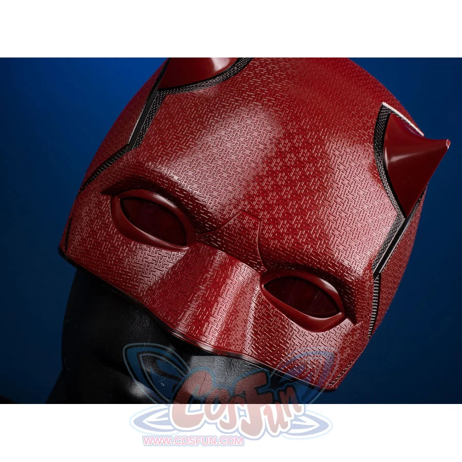 Matt Murdock cosplay helmet crafted from durable red fiberglass with intricate surface patterns and pronounced side horns.