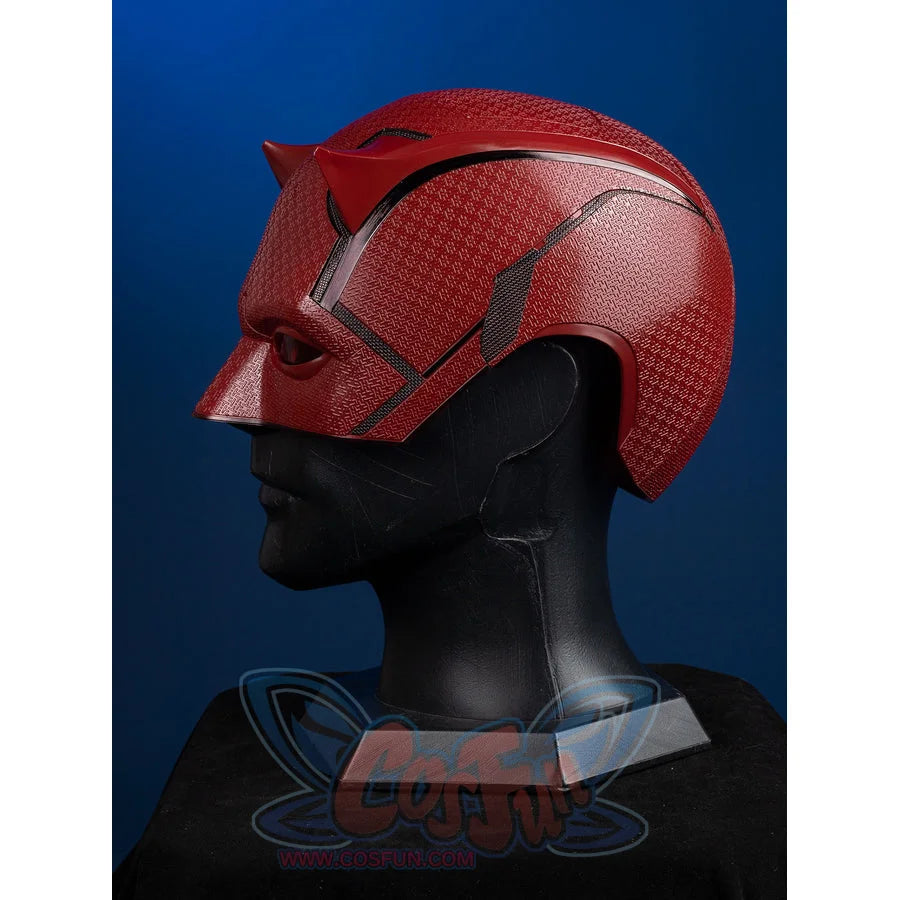 Matt Murdock cosplay helmet curves across the head with a vibrant red fiberglass texture and defined horn top details.