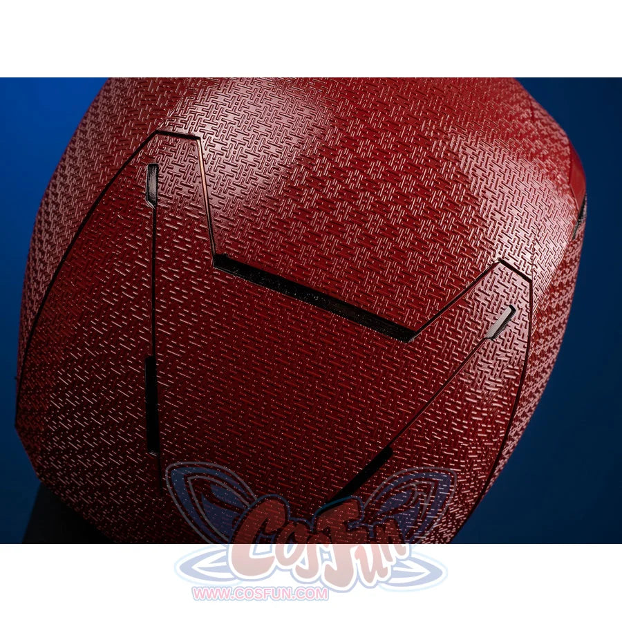 Matt Murdock cosplay helmet in red presents an intricate textured pattern across the durable fiberglass shell surface.