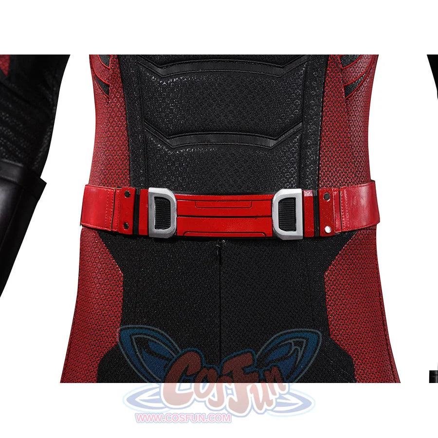 Matt Murdock cosplay utility belt detail centers red straps and silver-tone buckles over the black bodysuit.