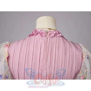 Melanie Martinez K-12 Cry Baby cosplay back bodice gathers vertical pink pleats below the ruffled collar.