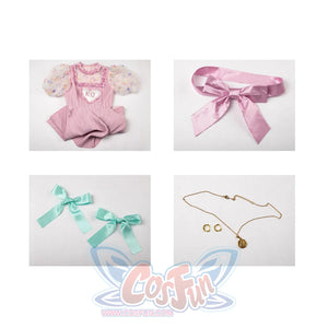 Melanie Martinez K-12 Cry Baby cosplay costume flat lay gathers the pink dress around bows and jewelry.