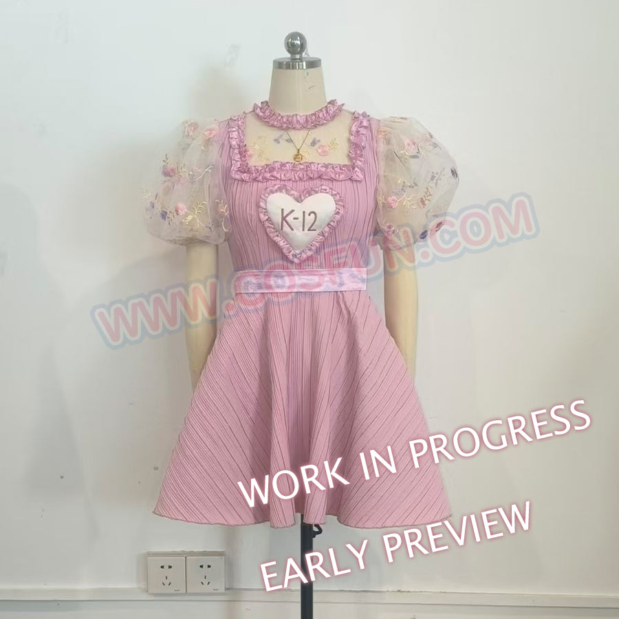 Melanie Martinez K-12 Cry Baby cosplay pink dress front preview centers the heart chest panel and pleated skirt
