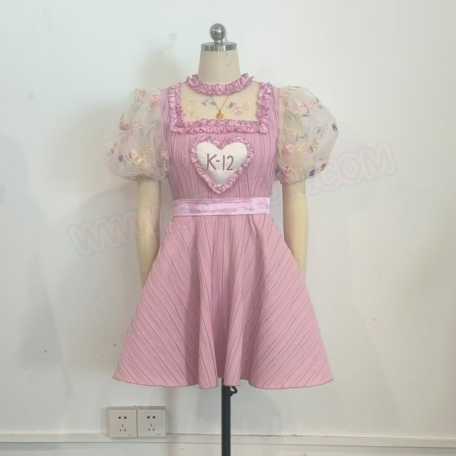 COSFUN Melanie Martinez K-12 Cry Baby cosplay pink dress front view sets puff sleeves around a heart chest panel