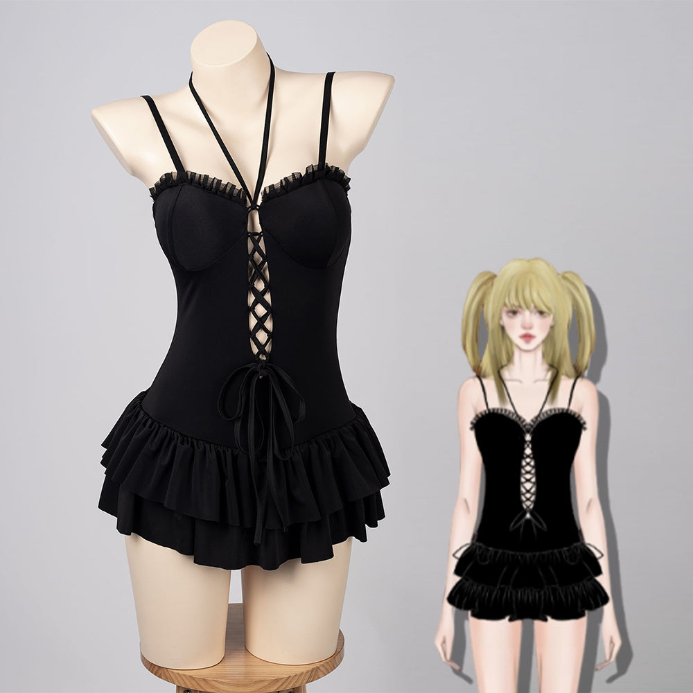 COSFUN Misa Amane cosplay swim dress shapes a black lace-up bodice above layered ruffle skirt panels.
