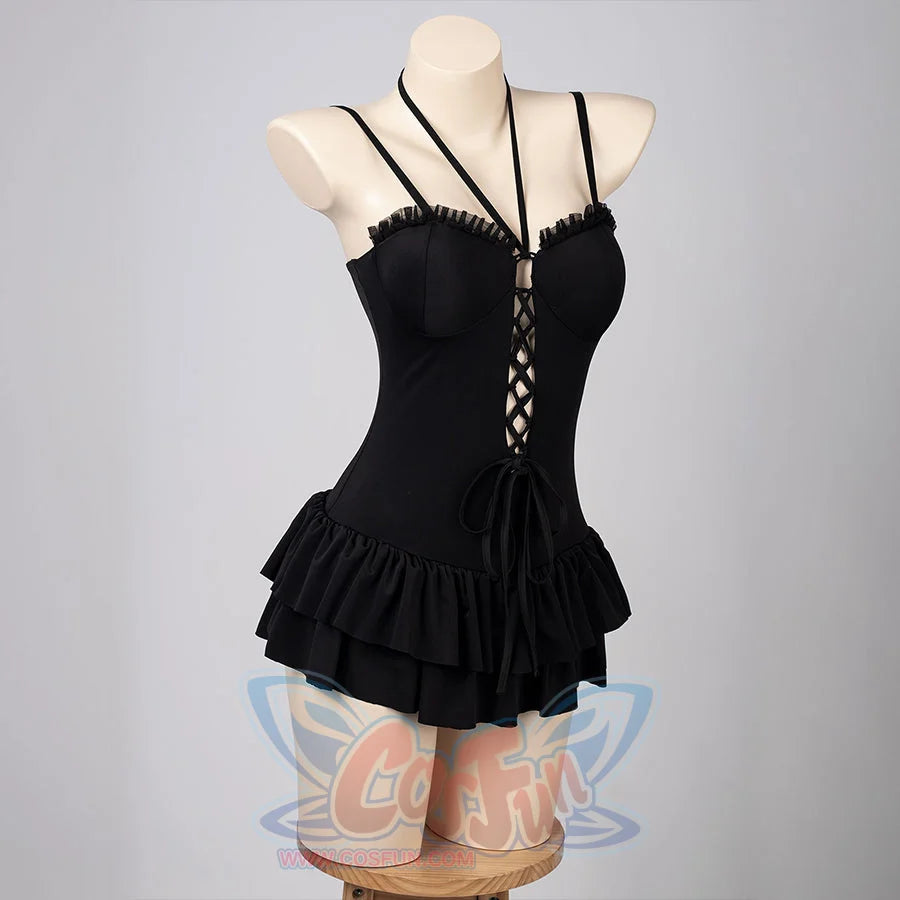 Death Note Misa Amane cosplay swim dress angles the lace-up bodice toward layered ruffle tiers.