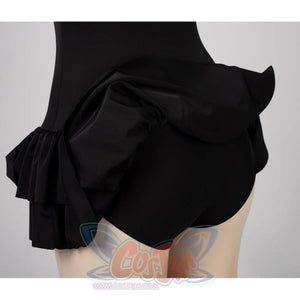 Death Note Misa Amane cosplay swim dress frames the rear brief cut beneath ruffled skirt layers.