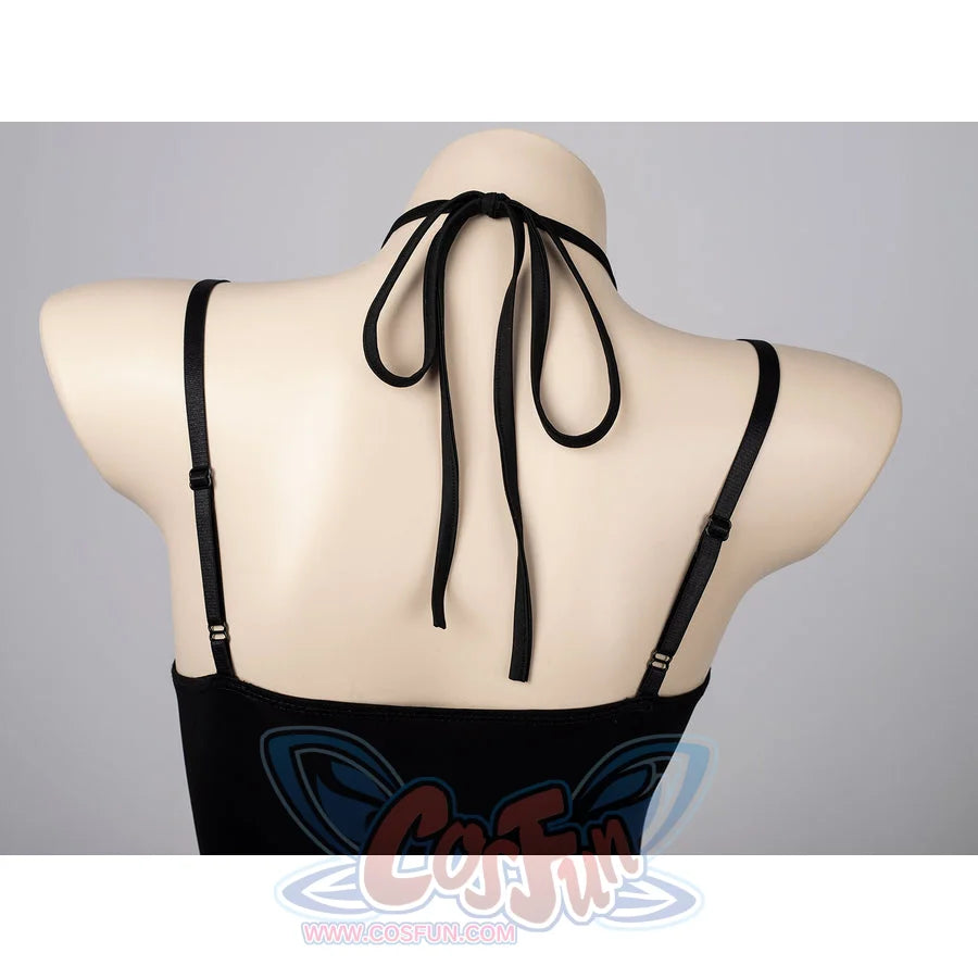 Death Note Misa Amane cosplay swim dress ties black neck straps across the upper back.