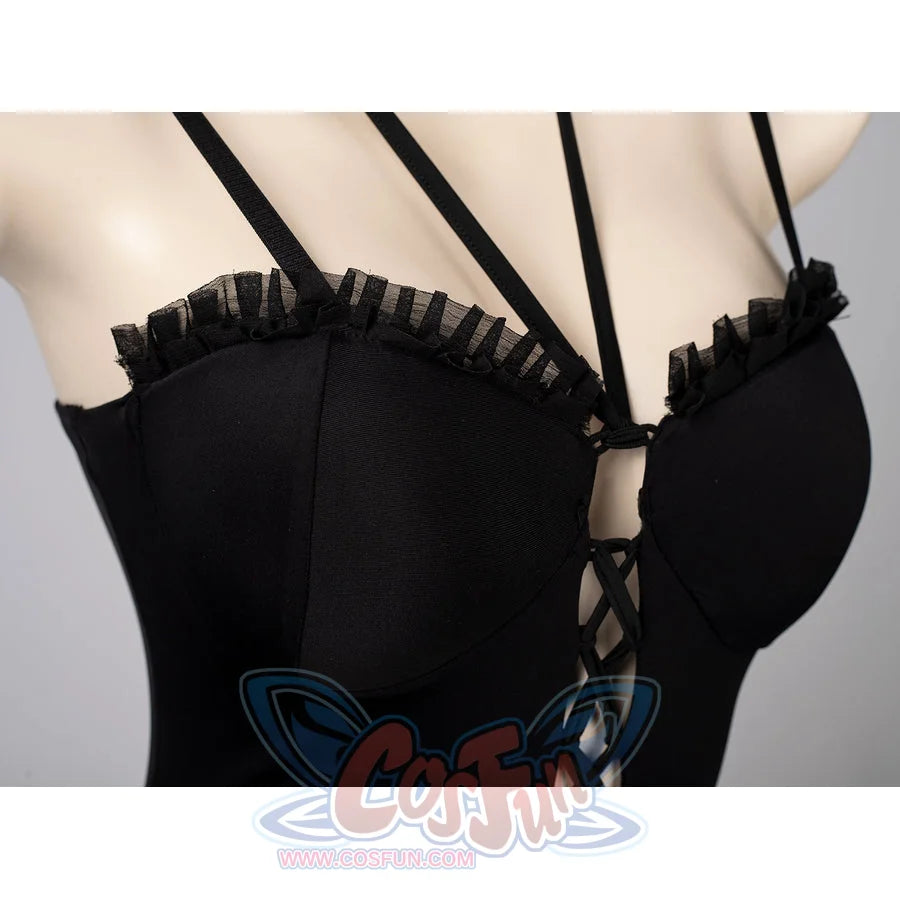 Death Note Misa Amane cosplay swim dress centers lace-up front cords between ruffled cup edges.