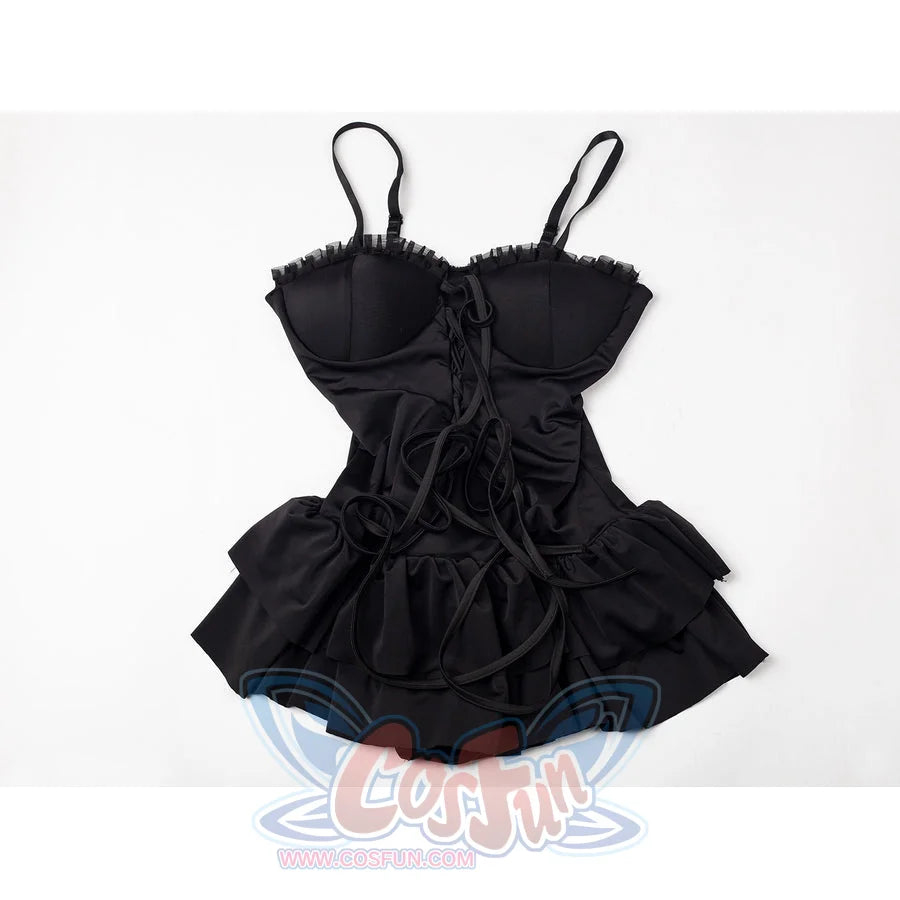 Death Note Misa Amane cosplay swim dress lays the lace-up swim dress in a full product view.