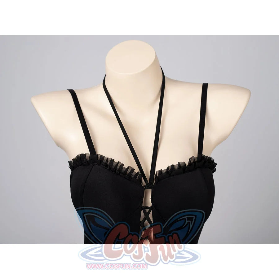 Death Note Misa Amane cosplay swim dress frames thin neckline straps over the black bodice.