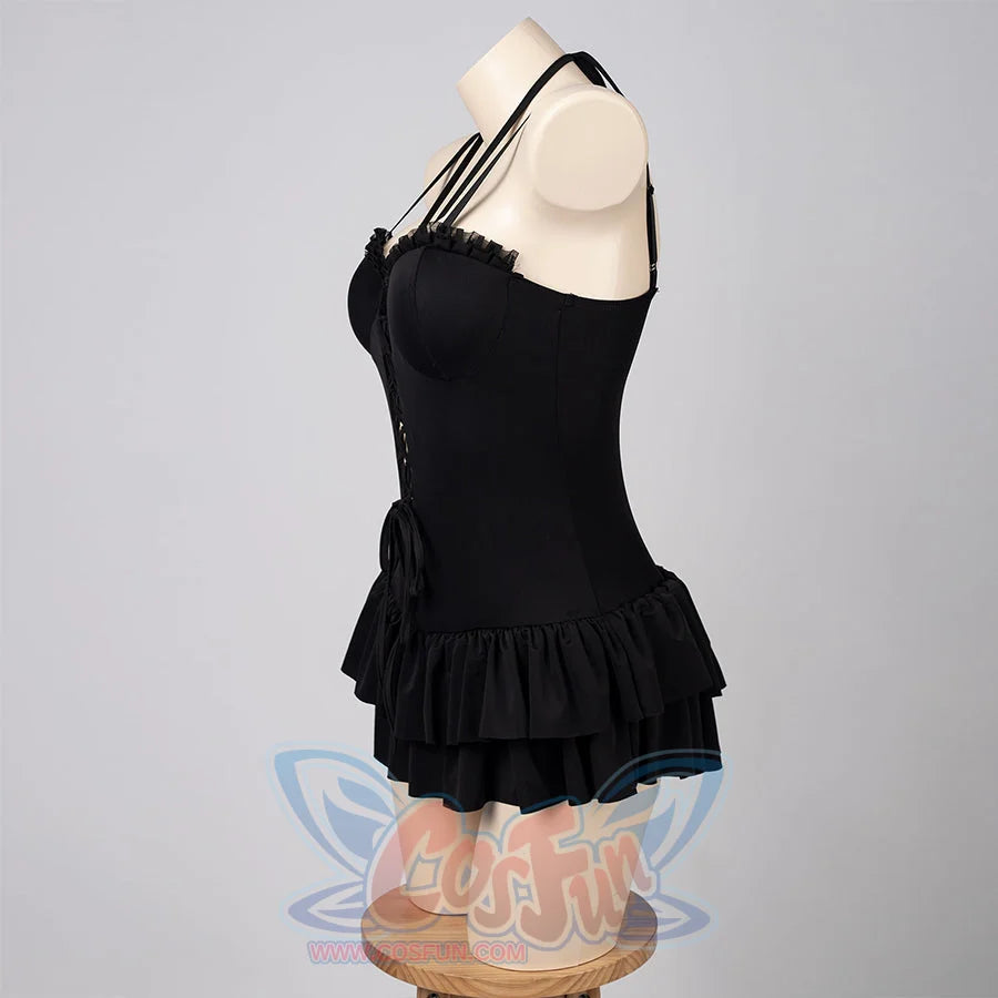 Death Note Misa Amane cosplay swim dress profiles the black bodice and layered skirt silhouette.