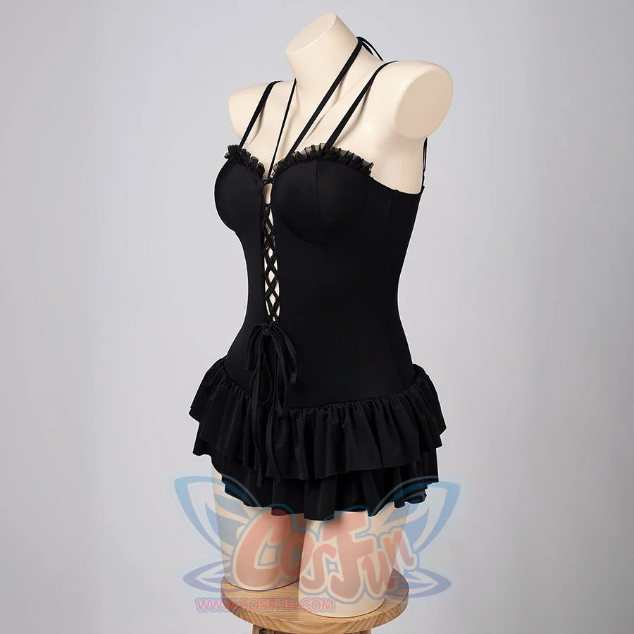 Death Note Misa Amane cosplay swim dress turns the black strappy bodice toward the ruffled skirt.