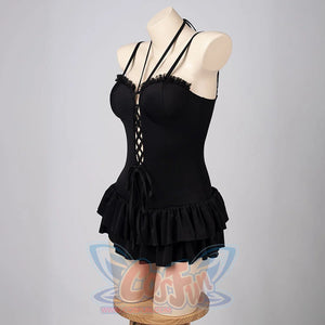 Death Note Misa Amane cosplay swim dress turns the black strappy bodice toward the ruffled skirt.