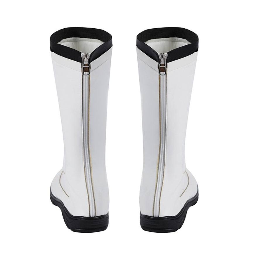 Mister Fantastic Reed Richards cosplay boots back view white matte leather construction centered by silver-tone zippers.