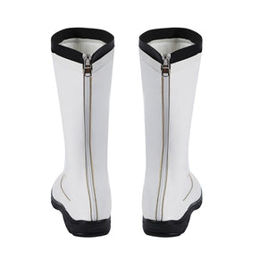 Mister Fantastic Reed Richards cosplay boots back view white matte leather construction centered by silver-tone zippers.